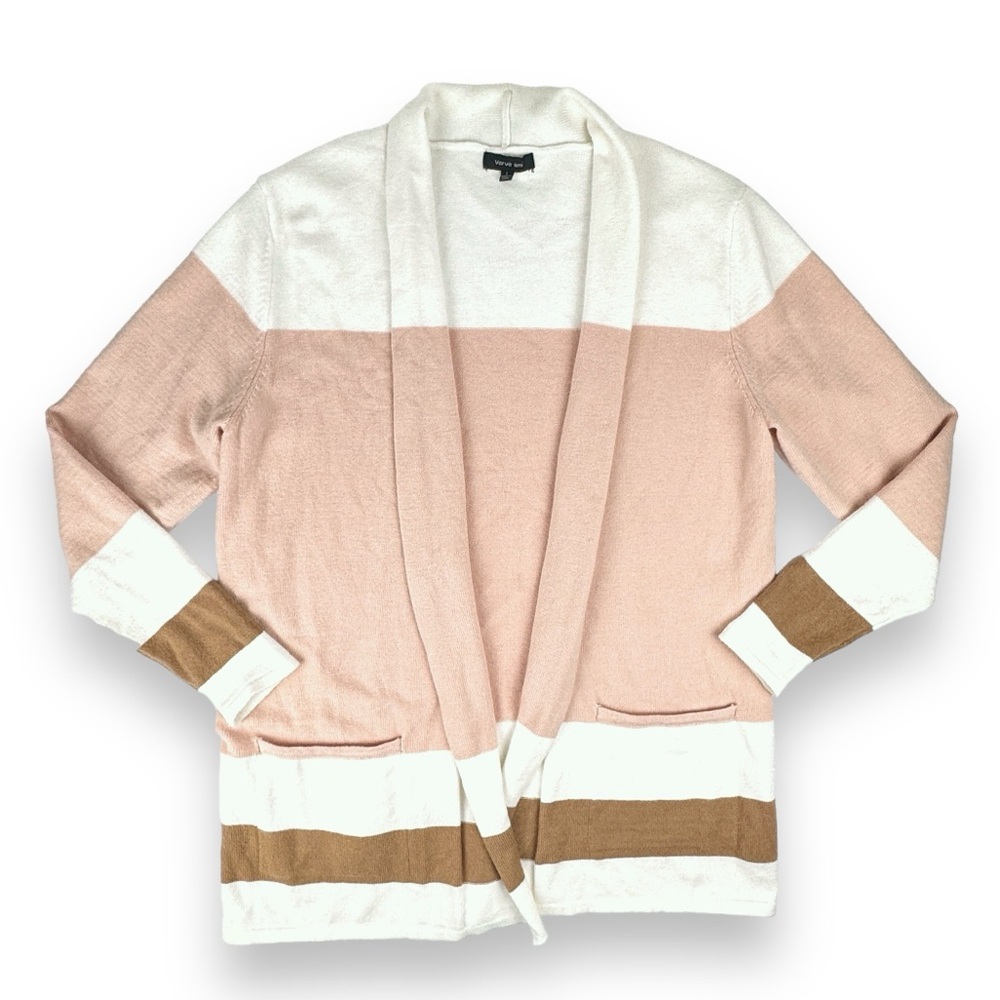 Verve Ami Cardigan Duster Large Long Knit Sweater Open Front Pockets Color Block